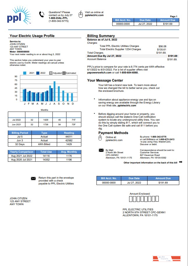 USA Pennsylvania PPL Electric utility bill template in Word and PDF format